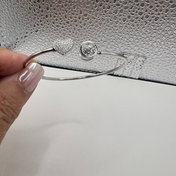 Round Cubic Zirconia Heart Shaped Bridal Bangle Bracelet Sterling Silver - Picture 2 of 4